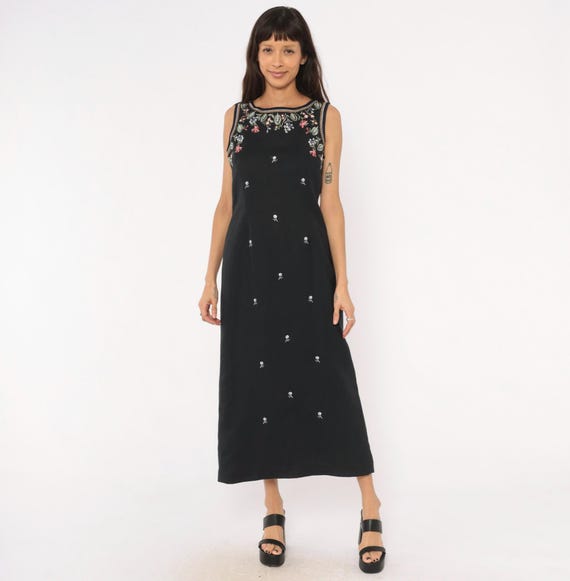 Embroidered Floral Maxi Dress 90s Black Sleeveless Shift Column Botanical Leaf Rose Stitch V Back Slit Jennifer Eden Vintage Womens Medium M