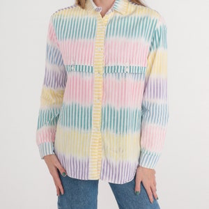 Striped Shirt 90s Button Up Blouse White Pink Yellow Blue Green Purple Long Sleeve Top Pastel Western Cotton 1990s Vintage Roper Medium M image 5