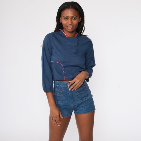 70s Hooded Top Navy Blue Crop Top 1970s Shirt Hoodie Shirt Long Sleeve Shirt Cropped Blouse Hippie Retro T Shirt Vintage Extra Small XS