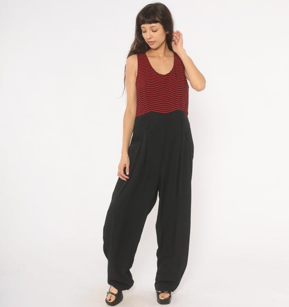 90s Striped Jumpsuit Red Black Horizontal Stripe Sleeveless Romper One Piece Tank Top Colorblock Vintage Women Summer Beach Vacation Large L