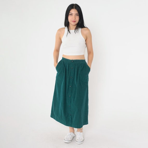 Vintage Green Corduroy Skirt 80s Exposed Button Up Midi Skirt High Waisted Straight Cut Retro Basic Plain Simple Fall 1980s Medium M
