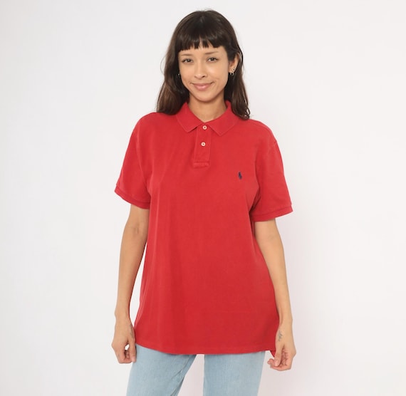 90s Ralph Lauren Polo Shirt Red Cotton Short Sleeve Navy Pony Logo Collared Knit Preppy Collegiate Sporty Tennis Vintage Top Tee Large L