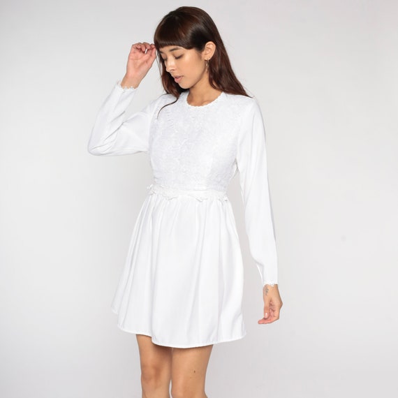 White Lace Dress 90s Mini High Waist Party Dress Grunge Bohemian Revival 1990s Vintage Boho Long sleeve 80s Small