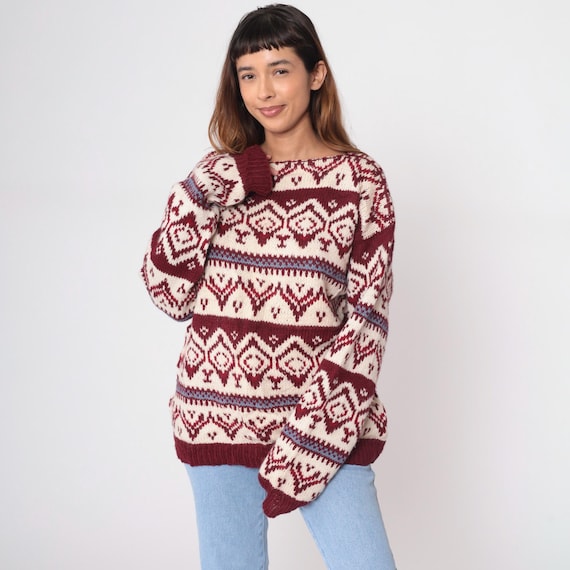 Burgundy Fair Isle Sweater Nordic 90s Wool Cream Blue Knit Pattern Crew Neck Pullover Jumper Vintage Winter Ski Lodge Cozy Warm Large L