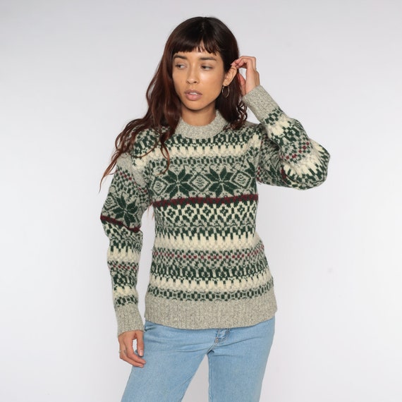 Fair Isle Sweater WOOL Norwegian Sweater 80s Snowflake Boho Nordic Ski Bohemian 1980s Knit Retro Striped Pullover Grey Green Extra Small xs