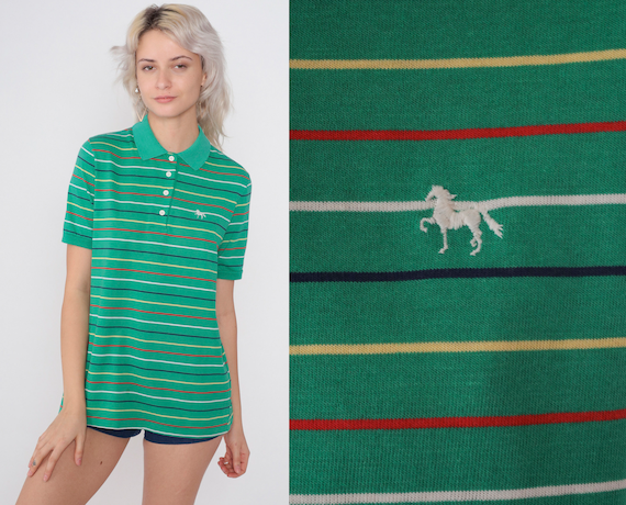 Green Striped Polo Shirt 80s Horse Crest Collared… - image 1