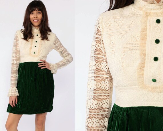 Velvet Mini Dress 70s Mini Cream Dress Babydoll Pa