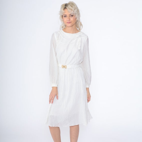 White Lace Dress 80s Midi Party Dress Long Sleeve High Waisted Gold Belted Formal Evening Cocktail Boho Elopement Vintage 1980s Small