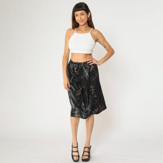 90s Floral Satin Skirt Black Midi Party Skirt Boho 1990s Vintage Shiny Formal Straight Cut Skirt Y2K Night Out Small Medium