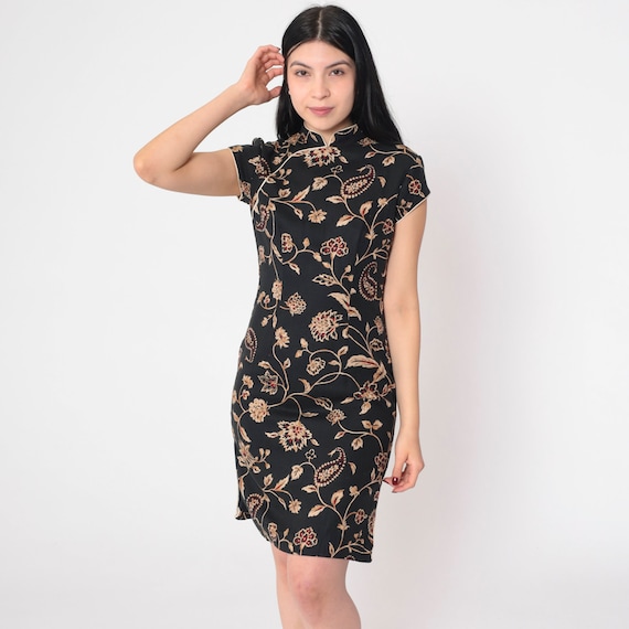 Asian Style Dress 90s Black Floral Mini Dress Gold Red Flower Print Party Boho Cheongsam Mandarin Collar Cocktail Sheath Vintage 1990s Small