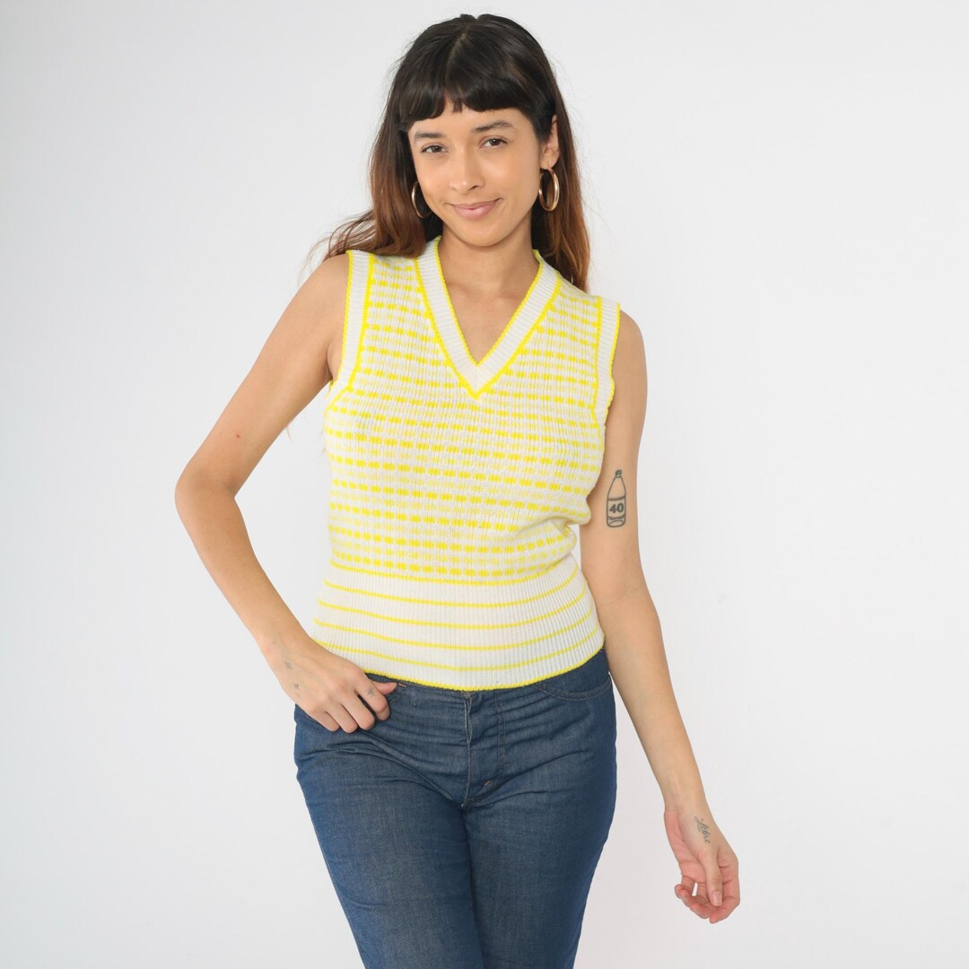 Vintage 70s Sweater Vest White Yellow Checkered Striped Pullover