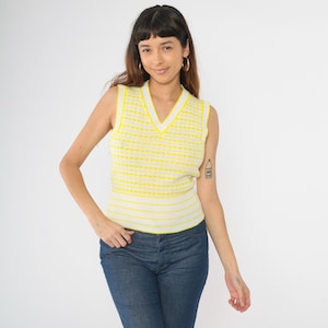 Vintage 70s Sweater Vest White Yellow Checkered Striped Pullover Knit Shirt V Neck Sleeveless Square Print Acrylic 1970s Small Medium