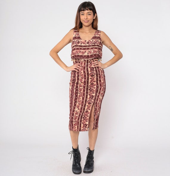 Floral Grunge Dress 90s Midi Sundress Tie Dye Striped Indian Flower Print Day Dress Sleeveless Empire Waist Summer Boho Vintage 1990s Medium