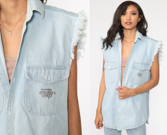 Frayed Denim Shirt Crazee Wear Sleeveless Button up Tank Top 90s