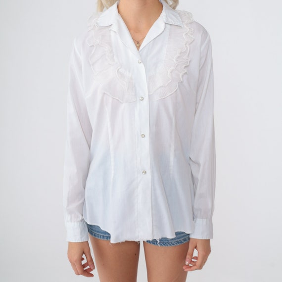 White Ruffle Blouse 70s Tuxedo Shirt Snap Button … - image 7