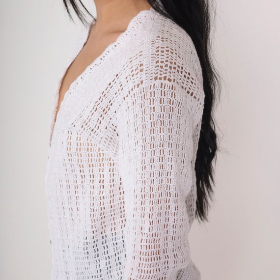 Sheer White Crochet Cardigan 90s Knit Open Front … - image 5