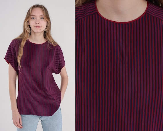 Striped Silk Shirt 90s Blouse Short Sleeve Top Retro Button Back Casual Red Blue Vertical Stripes T-Shirt Vintage 1990s Small 4