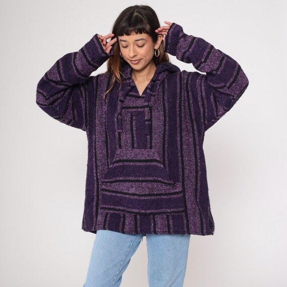 90s Baja Hoodie Mexican Sweatshirt Purple Striped Drug Rug Hippie Sweater Hooded Blanket Bohemian Kangaroo Pocket 1990s Extra Large xl