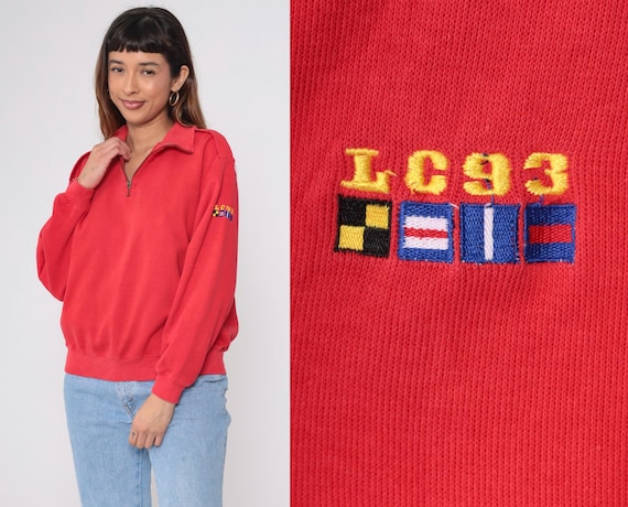 Nautical Flag Sweatshirt 90s Red Quarter Zip Liz Sport Signal Flag Pullover Sailing Maritime Boating Preppy Collar Half Zip Medium M