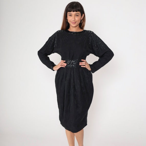90s Black Silk Dress Sequin Beaded Party Dress Embossed Print Long Sleeve Keyhole Back Formal Evening Cocktail Vintage 1990s Midi Small