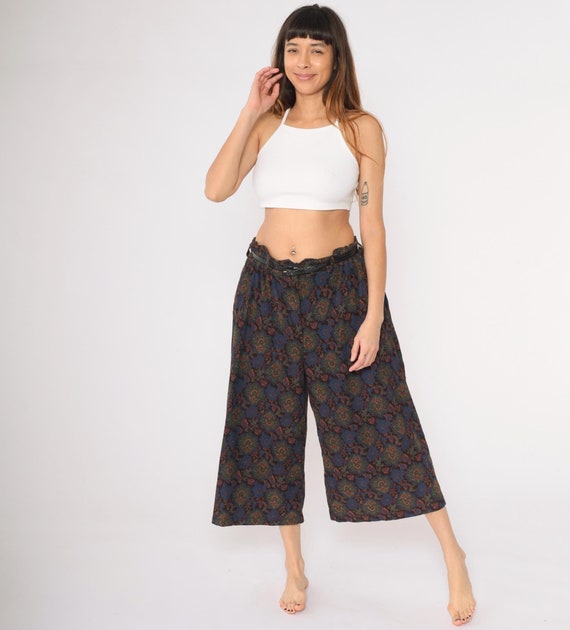 90s Corduroy Culotte Pants Geometric Floral Wide-Leg Baggy High Waisted Cropped Pants Dark Academia Fall Retro Vintage 1990s Large 12