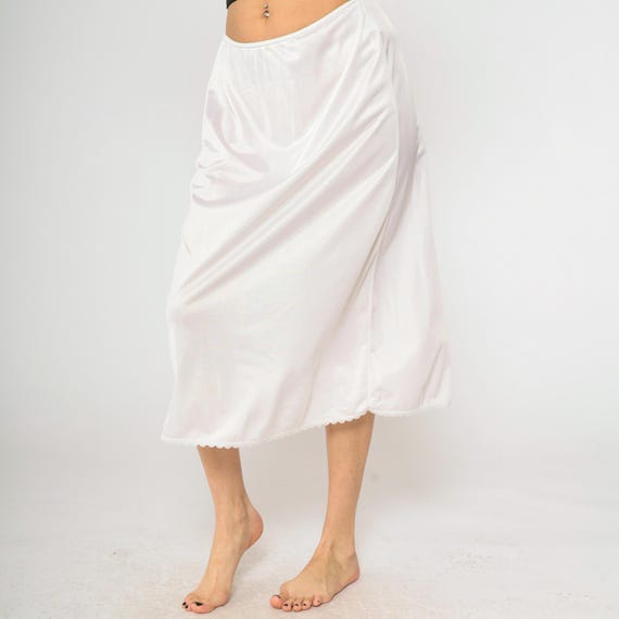 Vintage White Slip Skirt 80s Nylon Midi Lingerie Skirt Side Slit Half Slip Retro Pinup Elastic Waist Romantic Pin Up Plain Warner Large xl