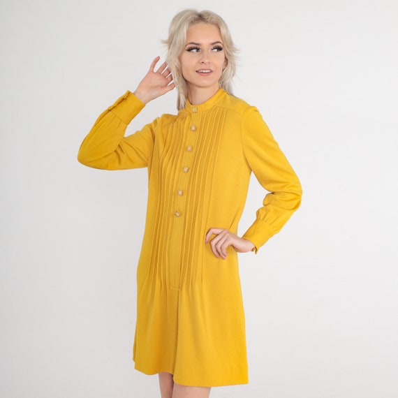 Mod Mini Dress 60s Yellow Wool Blend Dress 70s St… - image 3