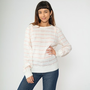 80s Puff Sleeve Sweater White Pink Striped Sweater Boatneck Knit Pullover Baby Pink Kawaii Button Shoulder 1980s Vintage Small Medium