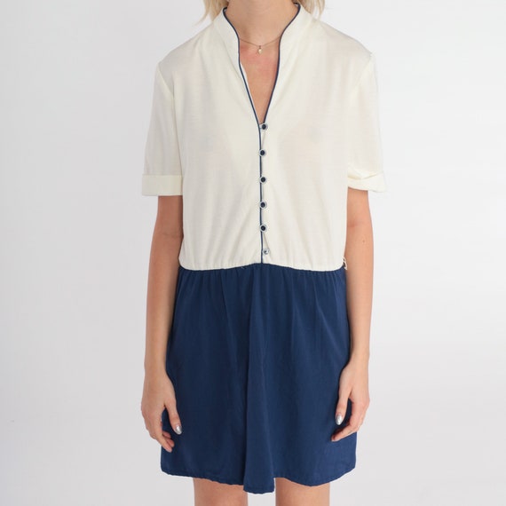 80s Day Dress Button up Mini Dress White Navy Blu… - image 7