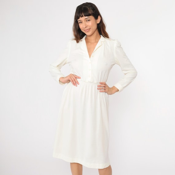 80s Shirtdress Off-White Button Up Puff Sleeve Dress Midi Dress High Waisted Secretary Vintage 1980s Long Sleeve V Neck Small S