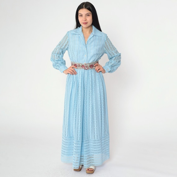 Vintage Blue Lace Maxi Dress 70s Boho Party Sheer Sleeve Tapestry Belt Bohemian Mod Formal Evening 1970s Pearl Button Up High Waist Small