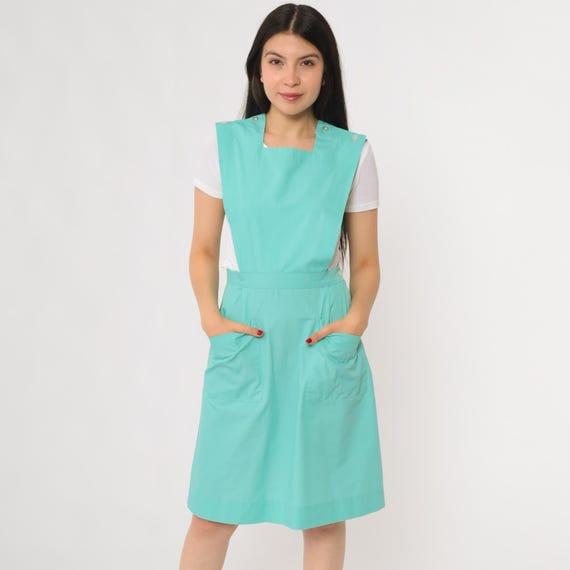 80s Pinafore Apron Dress Turquoise Blue Uniform Jumper Dress Square Neck Sleeveless Button Straps Vintage Cottagecore Workwear Small S