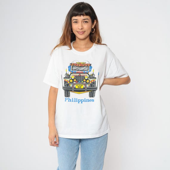 Philippines Jeepney Graphic T-Shirt White Short Sleeve Crew Neck Travel Souvenir Tee Manila Filipino Streetwear Large L