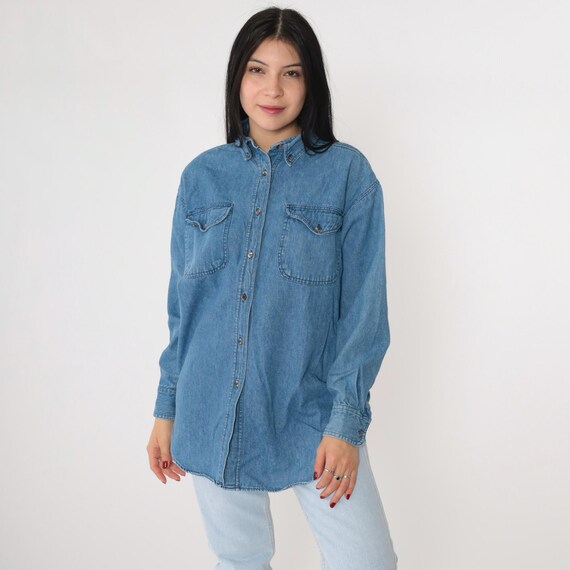 90s Denim Shirt Blue Jean Button Up Blue Grunge Long Sleeve Boyfriend Shirt Chambray Utility Chest Pocket Cotton Vintage 1990s Men's Small