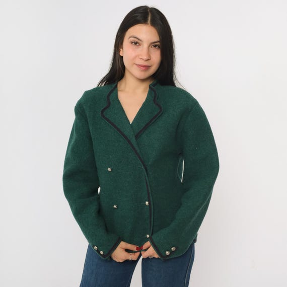 Vintage Green Wool Austrian Jacket 80s Folk Double Breasted Lands End Tyrolean Style Silver Button Up 1980s Alpine Blazer Large 12