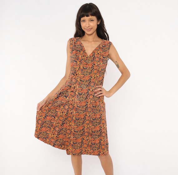 70s Batik Print Sundress Navy Rust Brown Cotton V Neck Sleeveless Pullover Paisley Floral Summer Bohemian Vacation Mediterranean Medium M