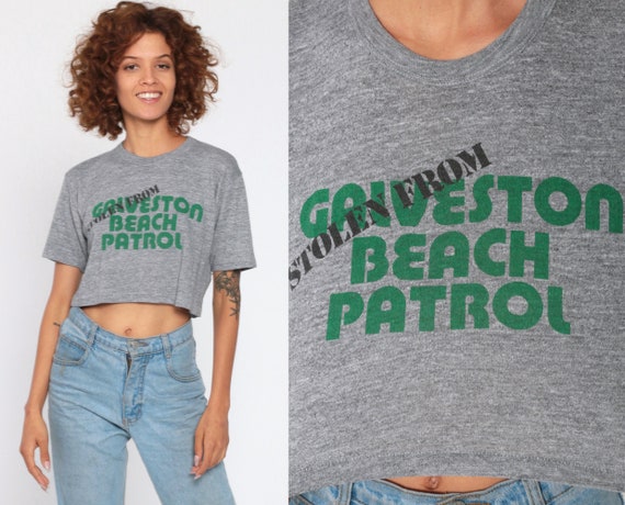 Galveston Beach Patrol Shirt Graphic Crop Top Texas Tshirt 80s Slogan Beach Summer Grey Cropped Vintage Tee Retro T Shirt Extra Small xs s