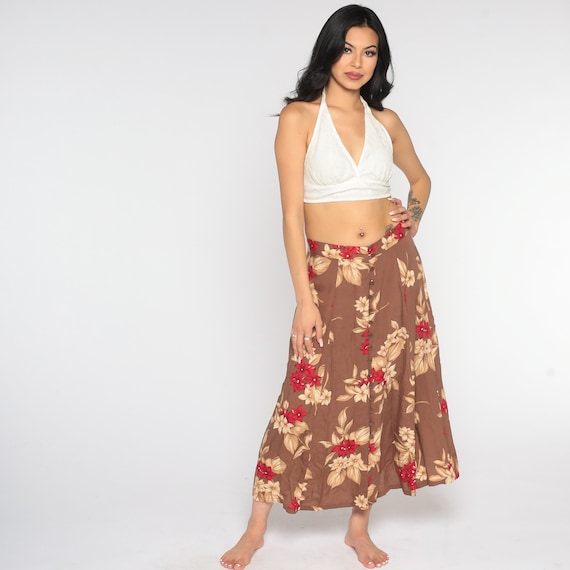 90s Floral Skirt Brown Button Up Maxi Skirt Tropical Grunge Boho Skirt Flower Print 1990s Long Vintage Hippie Festival Small Medium