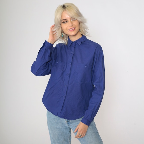 90s Blue Blouse Button Up Top Preppy Collared Shirt Plain Long Sleeve Simple Chest Pocket Vintage 1990s Large 11