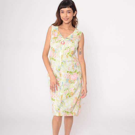 70s Floral Lounge Dress Square Neck Green Pink Orange Blue Summer Cottagecore Prairie Sundress Vintage JC Penney Loungewear Extra Small XS