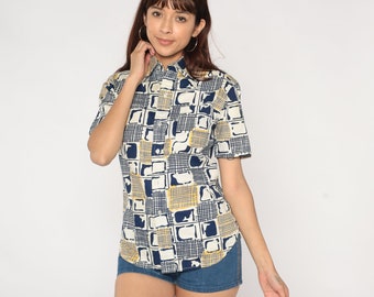 70s Disco Shirt Abstract Print Checkered Button Up Pointed Collar Top Retro Short Sleeve Blue White Yellow Boho Groovy Vintage 1970s Small S