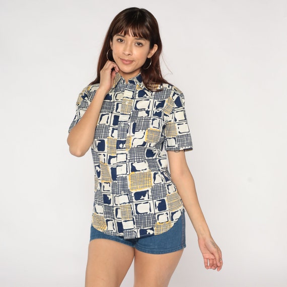 70s Disco Shirt Abstract Print Checkered Button Up Pointed Collar Top Retro Short Sleeve Blue White Yellow Boho Groovy Vintage 1970s Small S