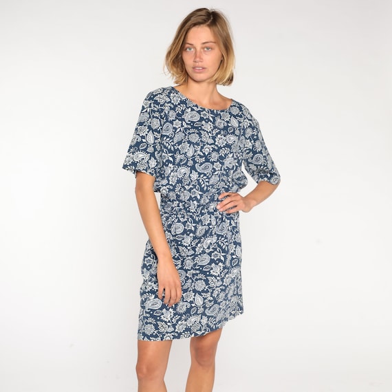 Paisley Floral Dress Y2k Blue Mini Dress Retro Day Dress Flower Print Hippie Summer Short Sleeve High Waist Day Vintage 00s Cotton Medium M