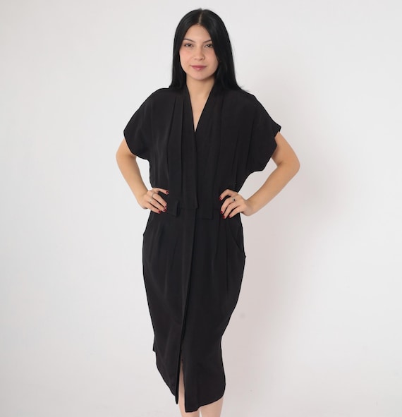 Black Button Up Dress 90s Pleated Sheath Dress V Neck Midi Dress Short Sleeve Pencil Dress Secretary Plain Vintage 1990s Small Petite