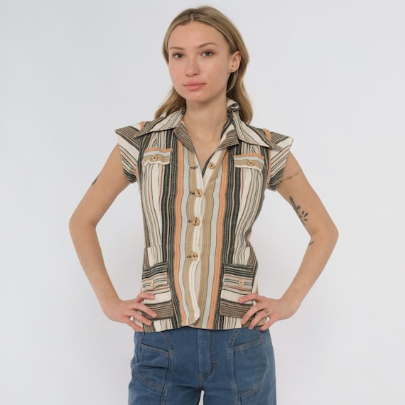 70s Striped Blouse Earth Tone Button Front Cap Sleeve Pointed Collar Vintage Safari Top Brown Pockets Cotton Fitted Shirt XS Extra Small