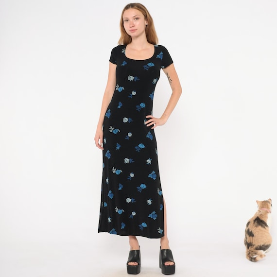 90s Blue Rose Floral Maxi Dress Black Short Sleeve Side Slit Cobalt Flower Print Fitted Stretch Gown Dark Cottagecore Vintage Medium M