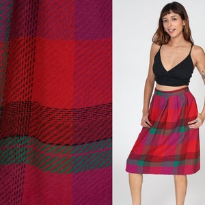 Red Plaid Skirt 70s Midi School Girl Skirt Tartan High Waisted Magenta Preppy Checkered Print Retro Academia A Line Vintage 1970s Small S