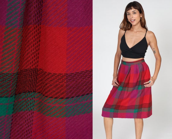 Red Plaid Skirt 70s Midi School Girl Skirt Tartan High Waisted Magenta Preppy Checkered Print Retro Academia A Line Vintage 1970s Small S