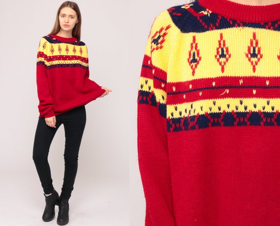 Fair Isle Sweater 80s Pullover Boho Norwegian Sweater Geometric Nordic Print Raglan 1980s Vintage Knit Bohemian Red Yellow Extra Large xl