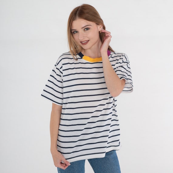 Striped T-Shirt 90s Ringer Tee White Navy Blue Shirt Yellow Magenta Crewneck Retro Short Sleeve Top Single Stitch Vintage 1990s Men's Small